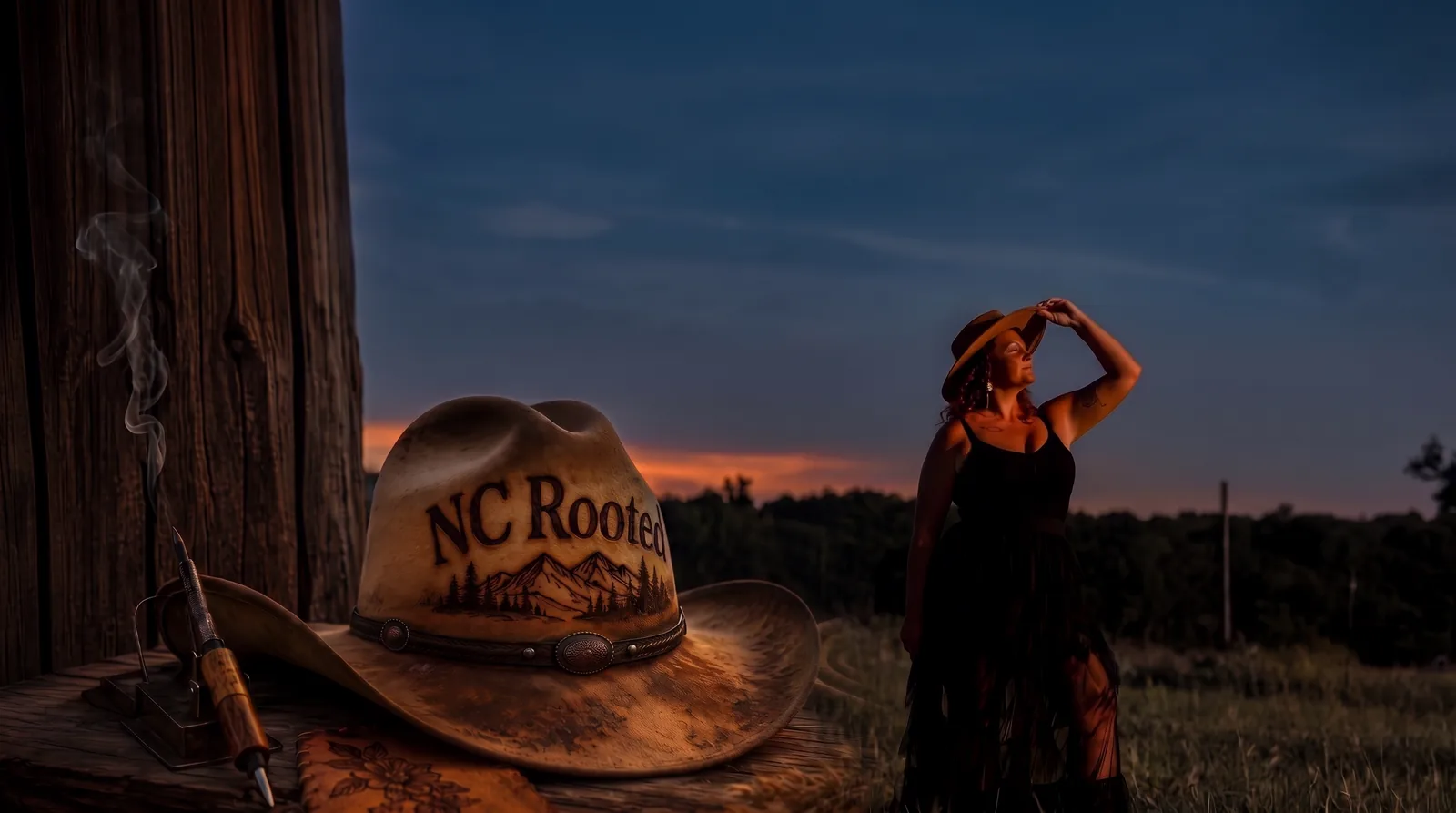 A hand-burned NC Rooted cowboy hat on a barnwood bench beside a smoking burn pen, with Heather standing in the dusk field beyond, holding the brim of her own suede hat