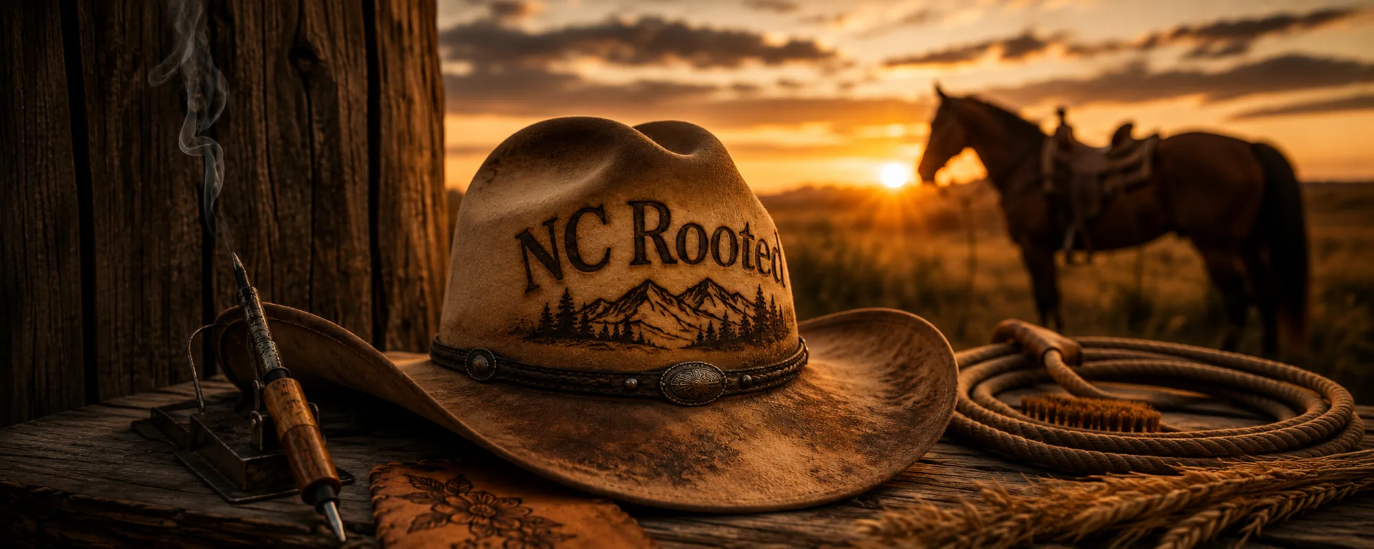 A hand-burned suede hat lettered “NC Rooted” resting on weathered wood at sunset, with a pyrography pen and a horse on the ridge behind.