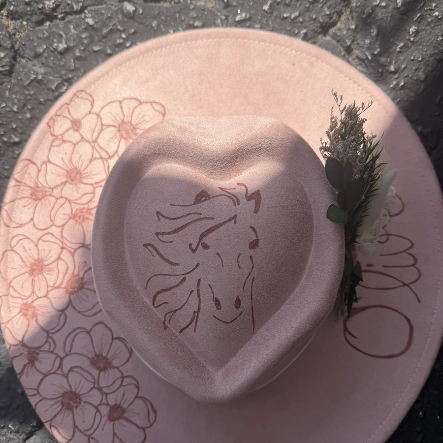 Blush suede hat hand-burned with a horse, wildflowers, and the name Olive