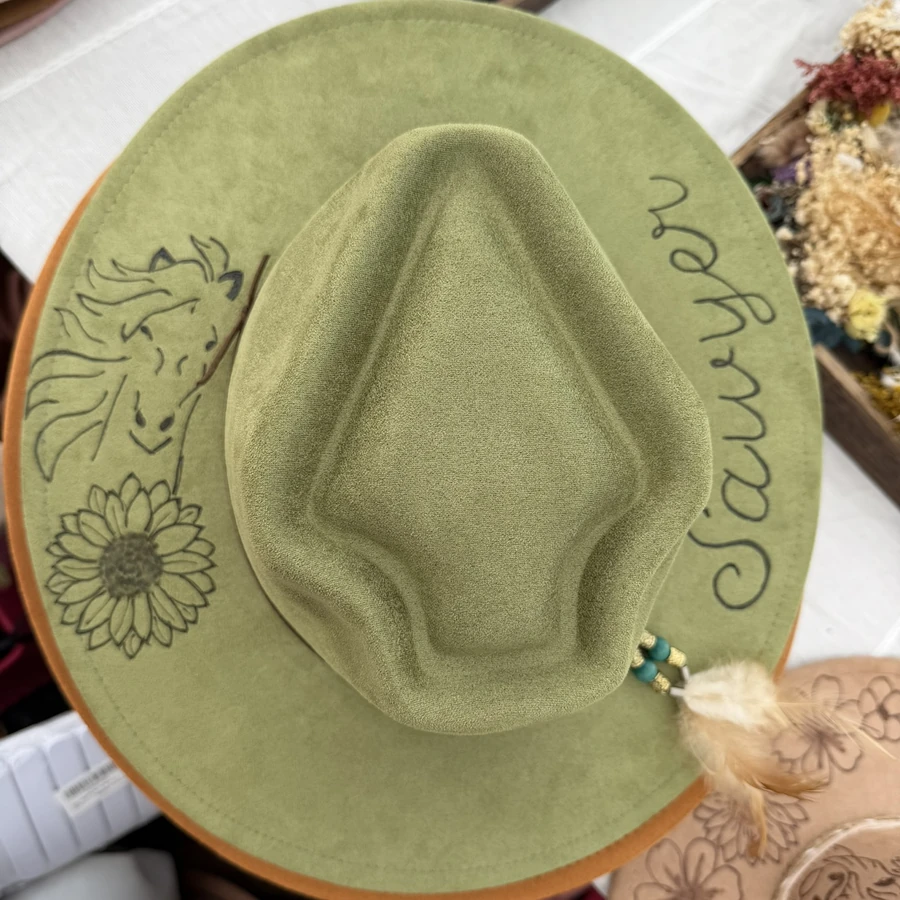 Sage green suede hat hand-burned with a horse, a sunflower, and the name Sawyer